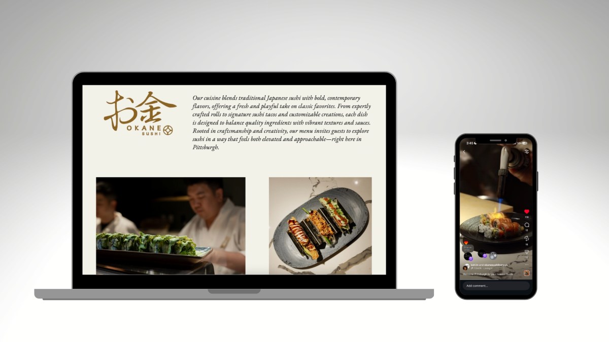 The Okane Sushi website shown on a laptop and a phone